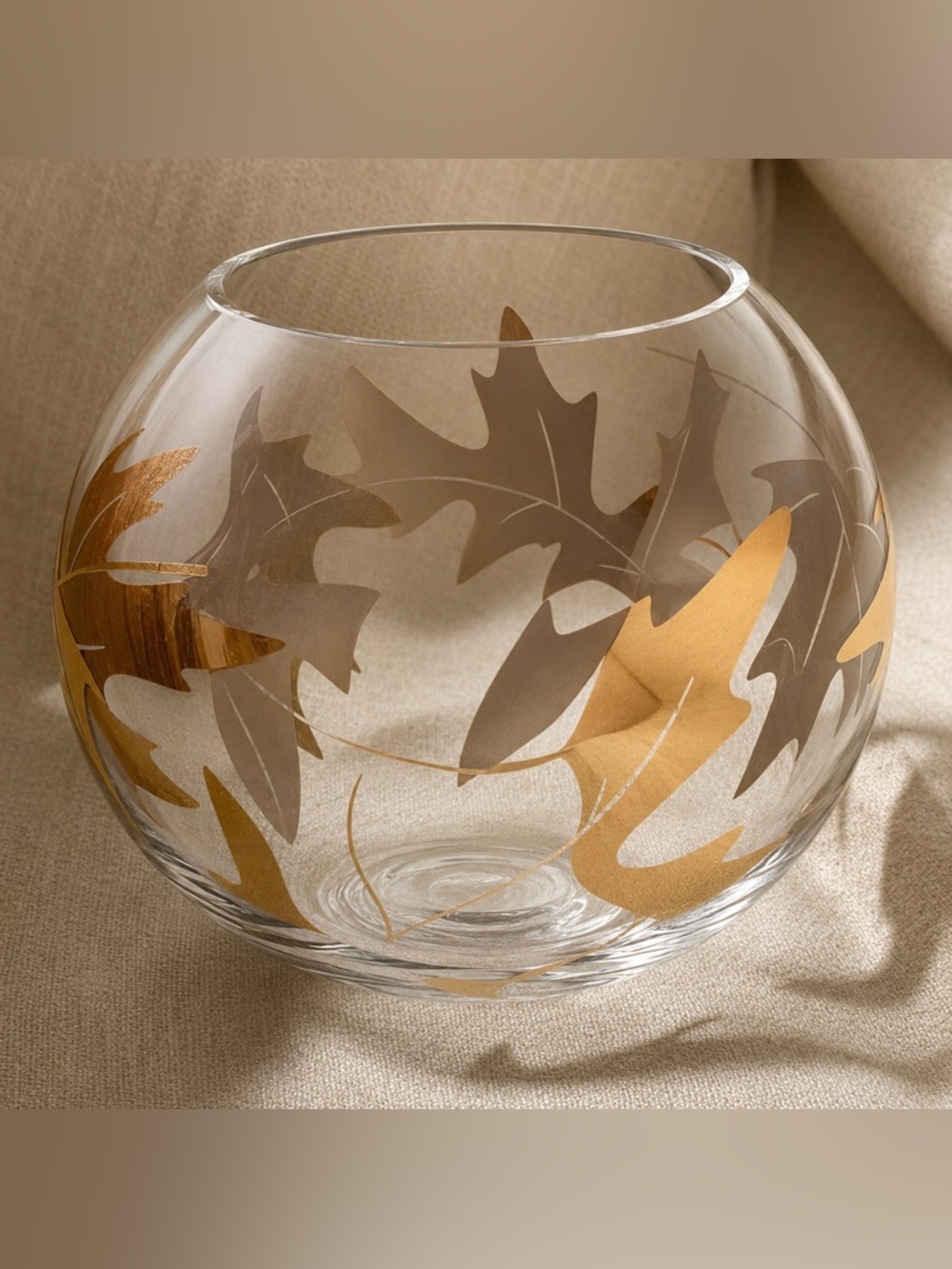 🔍 Teleflora Hand-Painted Gold Maple Leaf Glass Fishbowl Vase